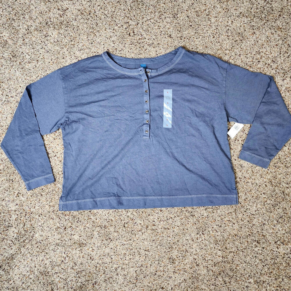Old Navy Henley Long Sleeve Top Butter Gray Slight Crop 1/2 Button NWT Size L